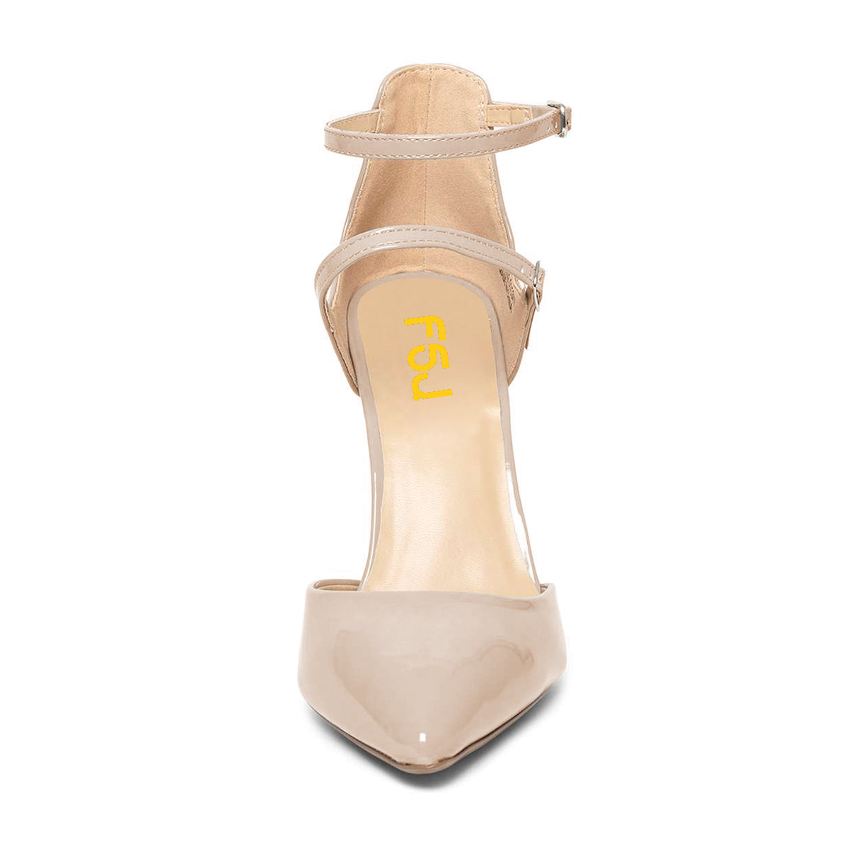 Women's Nude Patent Leather Double Strap Pointed Toe Pumps Heels