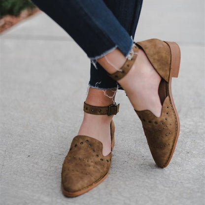 Brown Vegan Suede Studs Hollow Out Ankle Strap Loafers for Women