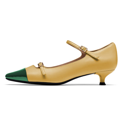 Yellow & Green Square Toe Low Heel Pumps with Double Buckled Straps
