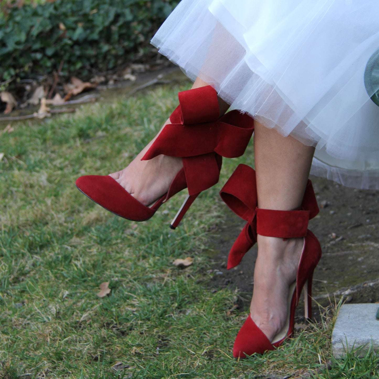 Red Vegan Suede Stiletto Heels Pointy Toe Ankle Strap Pumps with Bow