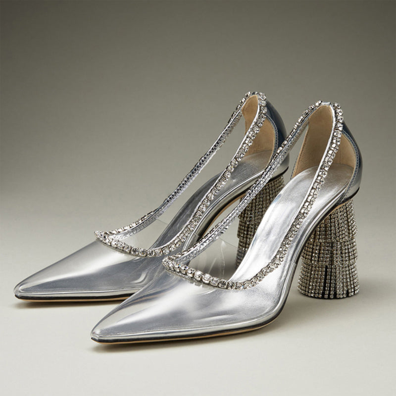 Women's Silver Pointed Toe Rhinestone Fringe Block Heel Clear Pumps