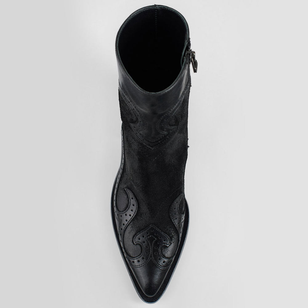 Black Patchwork Pointed Toe Perforated Block Heel Zip Ankle Boots