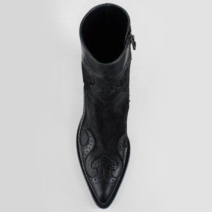 Black Patchwork Pointed Toe Perforated Block Heel Zip Ankle Boots