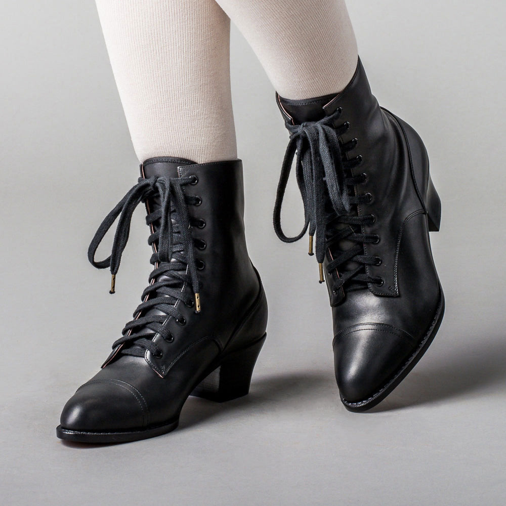 Black Lace-Up Chunky Heel Ankle Boots for Women with Almond Toe