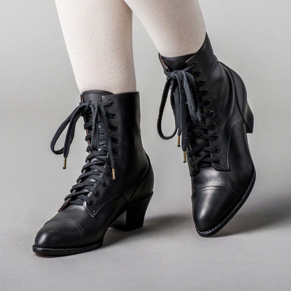Black Lace-Up Chunky Heel Ankle Boots for Women with Almond Toe