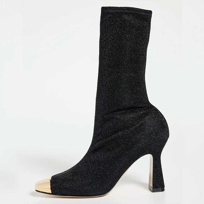 Black Metallic Knit Chunky Heel Mid Calf Boots with Gold-Tone Toe Cap