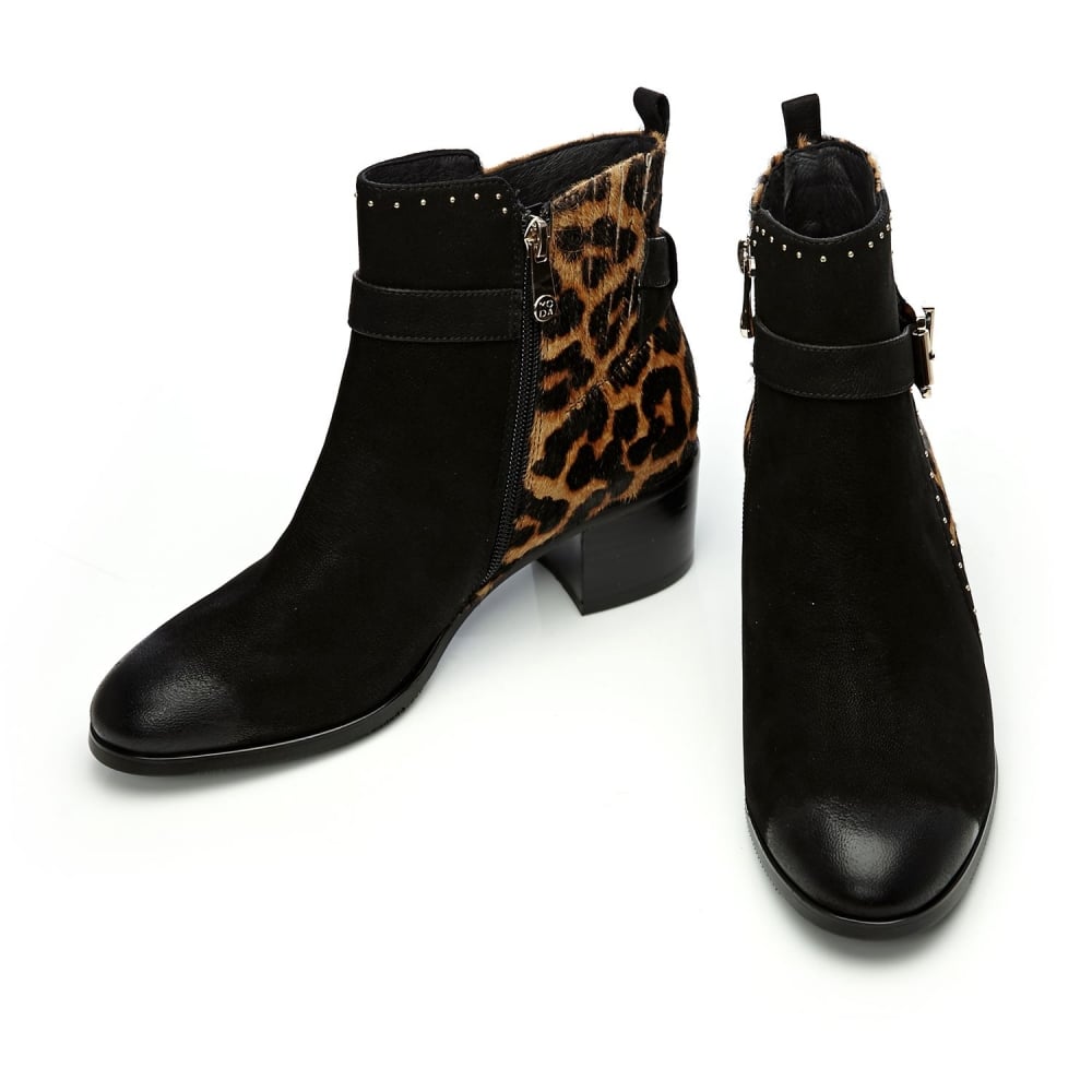 Black & Brown Leopard Print Ankle Boots Round Toe Studs Booties