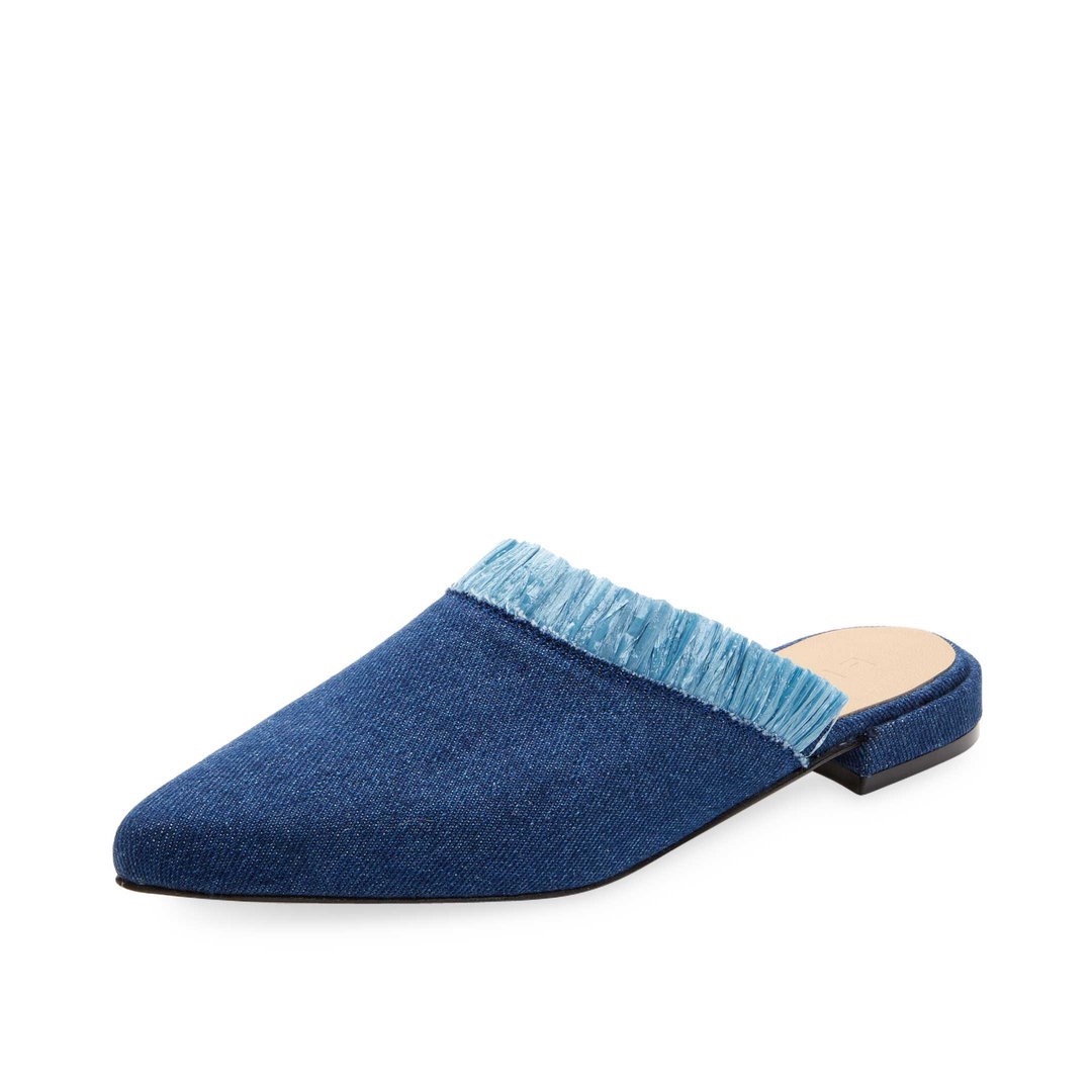 Women's Blue Denim Fringe Pointed Toe Flat Mules