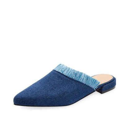 Women's Blue Denim Fringe Pointed Toe Flat Mules