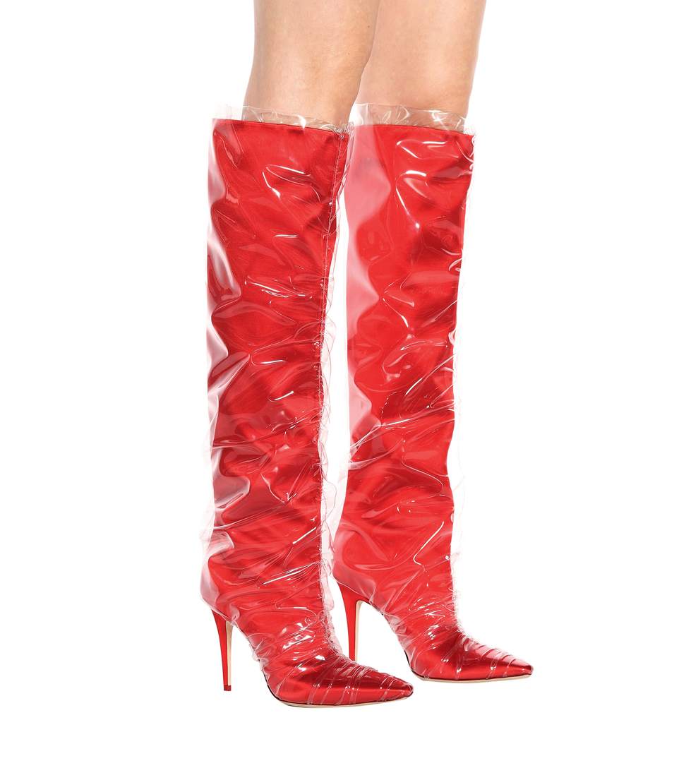 Women's Closed Toe Stiletto Heel PVC-wrapped Knee High Boots in Red