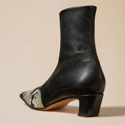 Black Python Embossed Square Toe Zipper Ankle Boots with Chunky Heel