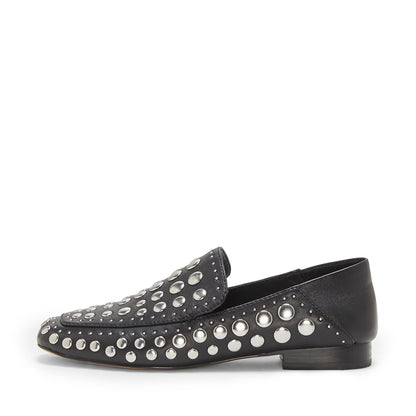Black Square Toe Fashion Flat Women's Loafers with Silver Studs