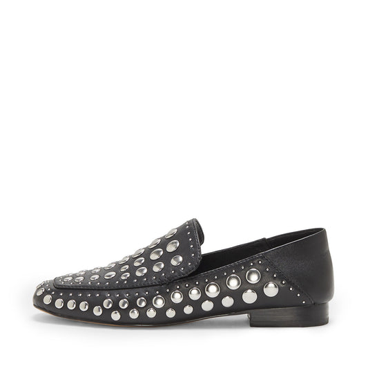 Black Square Toe Fashion Flat Women's Loafers with Silver Studs