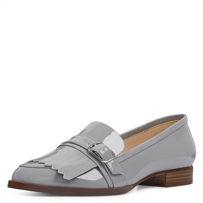 Gray Patent Leather Closed-Toe Fringe Women's Loafers with Buckle