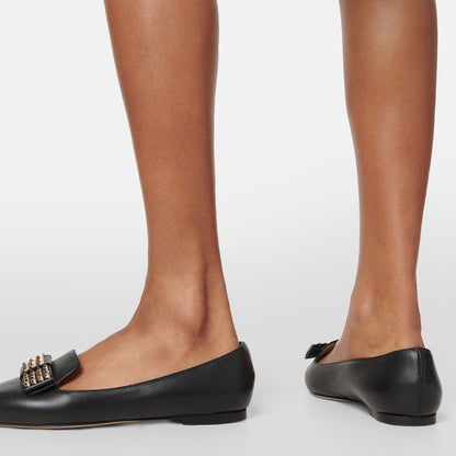 Black Slip-on Women's Shoes Pointed Toe Flats with Studded Bow