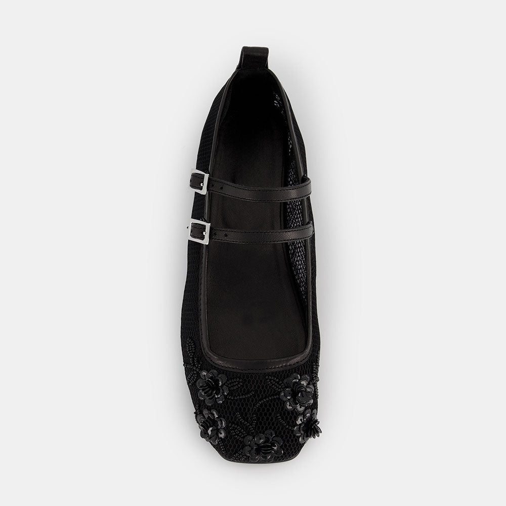 Mesh Floral Beads & Sequins Square Toe Mary Jane Flats in Black