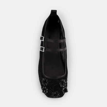 Mesh Floral Beads & Sequins Square Toe Mary Jane Flats in Black