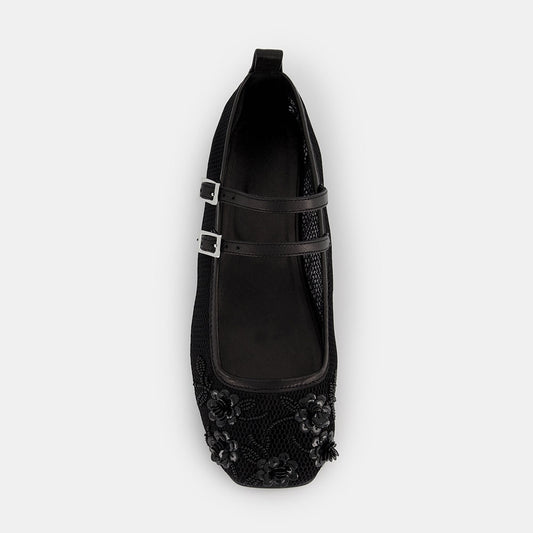 Mesh Floral Beads & Sequins Square Toe Mary Jane Flats in Black