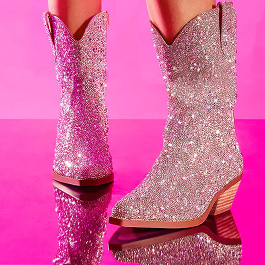 Women's Silver Low Chunky Heel Rhinestone Sparkly Cowboy Boots