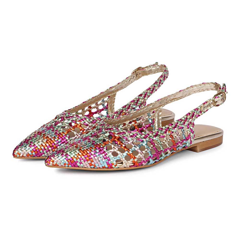 Multicolor Woven Pointed Toe Cut-Out Slingback Flat Shoes Women