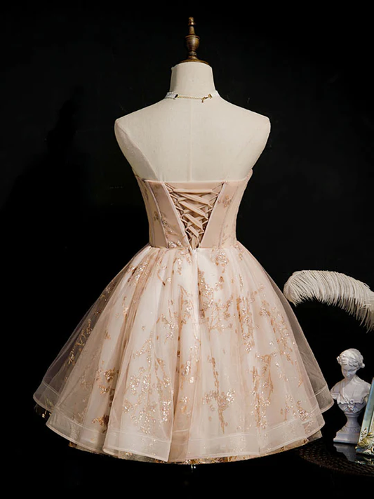 Vintage Champagne Applique Beaded Strapless Design A-line Tulle Party Dress Homecoming Dress TP4072