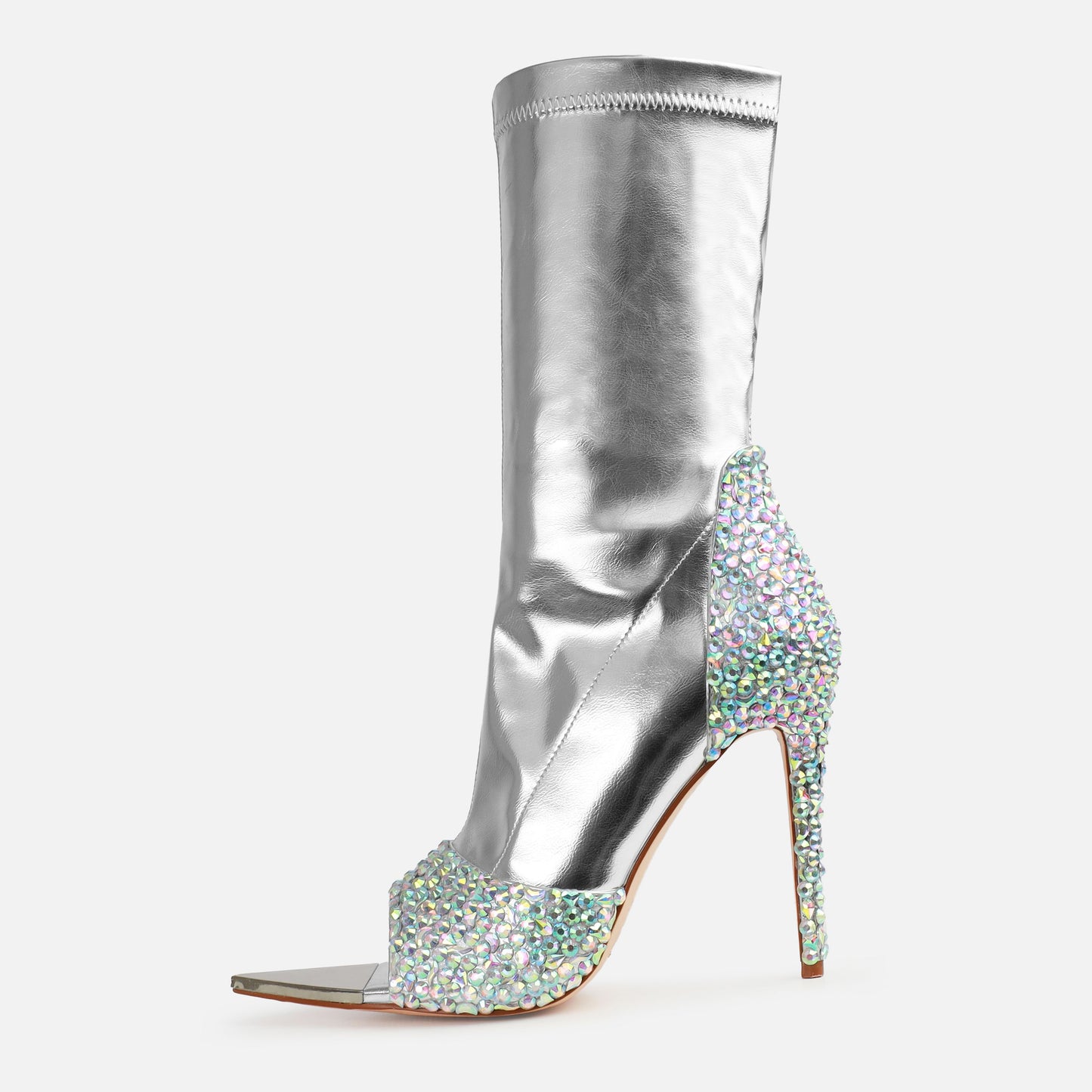 Silver Metallic Open Toe Stiletto Heels Rhinestone Mid Calf Boots