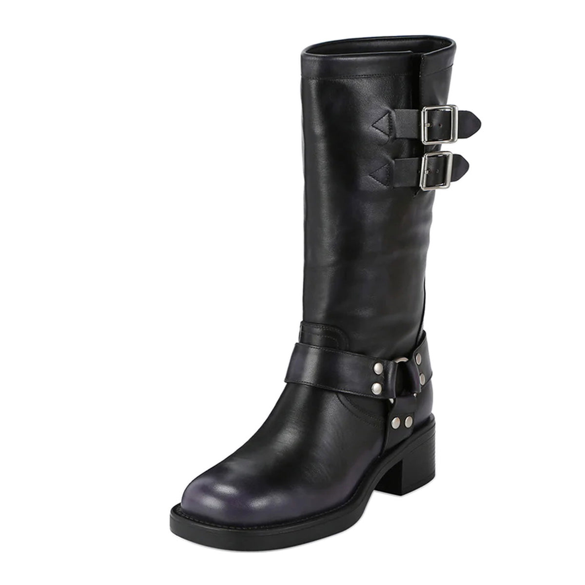 Black Buckle Strappy Square Toe Block Heel Mid Calf Boots for Women