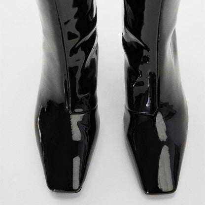 Black Square Toe Stiletto Heel Wide Calf Knee High Boots