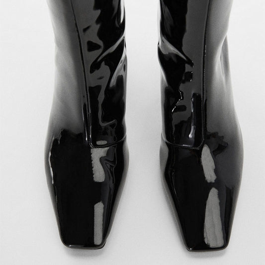 Black Square Toe Stiletto Heel Wide Calf Knee High Boots