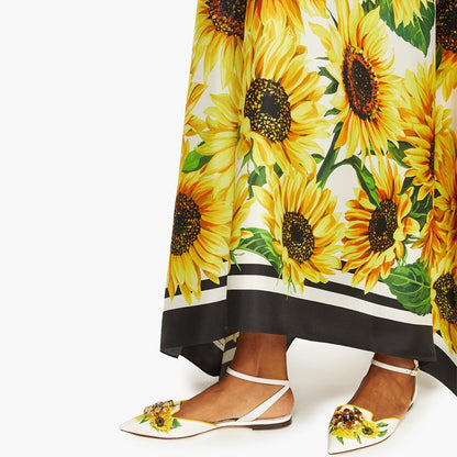 White Floral Print Ankle Strap Crystal Decor Flats