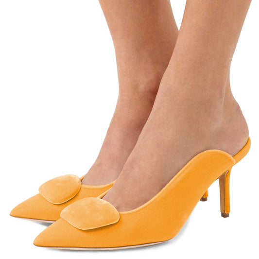 Women's Orange Velvet Pointed Toe Stiletto Heel Mules Shoes
