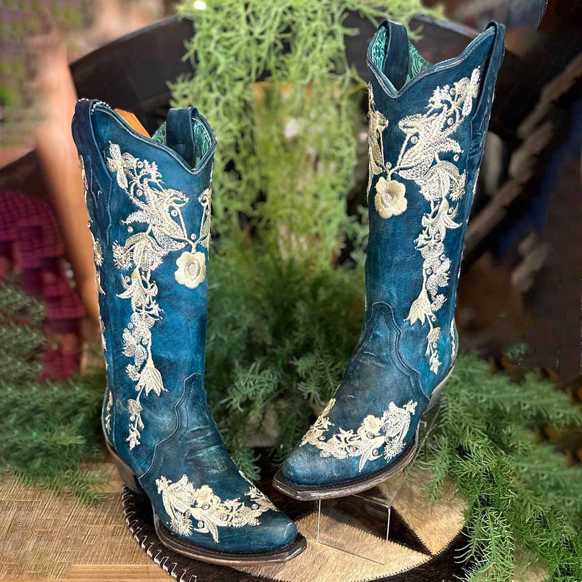 Teal Vegan Suede Embroidered Chunky Heel Mid Calf Cowgirl Boots