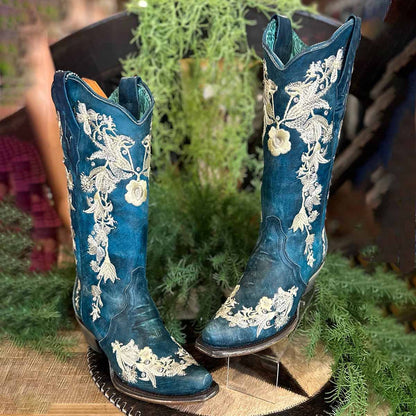 Teal Vegan Suede Embroidered Chunky Heel Mid Calf Cowgirl Boots