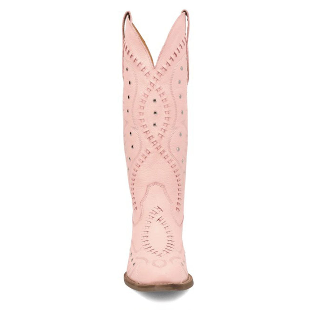 Chic Woven Details Chunky Heel Tall Pink Cowboy Boots with Studs
