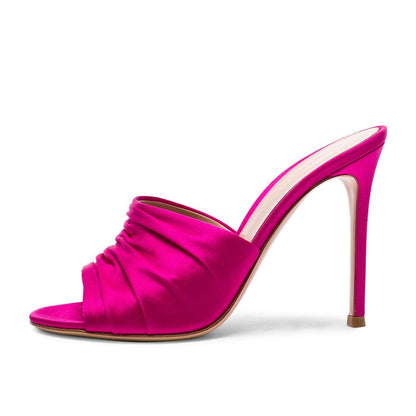 Women's Hot Pink Peep Toe Ruched Stiletto Heel Mules Sandals