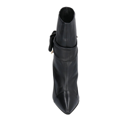 Black Pointed Toe Chunky Heel Knot Strap Ankle Boots for Women