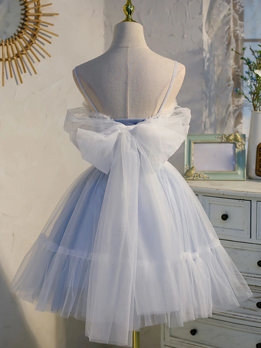 Vintage Light Blue Applique Sweetheart Spaghetti Strap Design A-line Tulle Party Dress Homecoming Dress TP4070