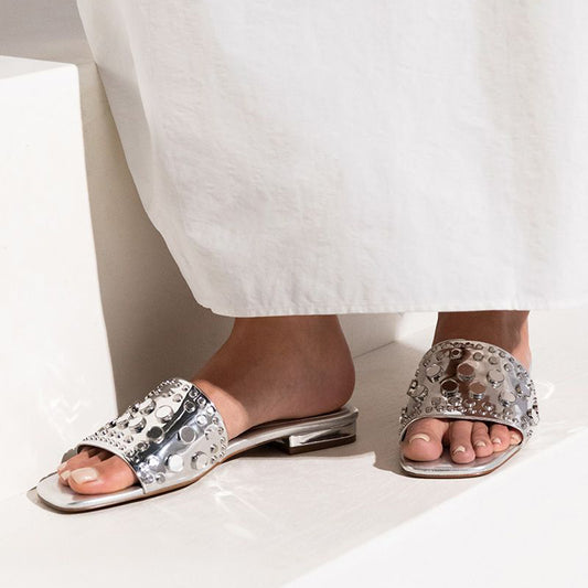 Classy Silver Women's Square Toe Studs Flat Mules Slide Sandals