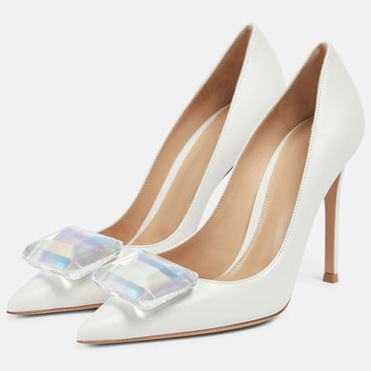 Women's White Pointy Toe Stiletto Heel Pumps with Faux Gem Decor