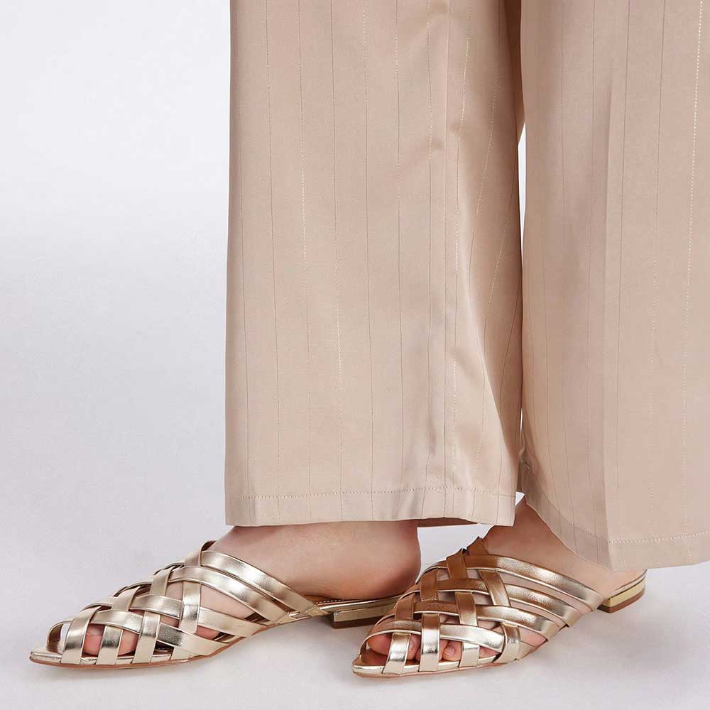 Metallic Finish Woven Pointed Toe Flat Gold Mules for Women