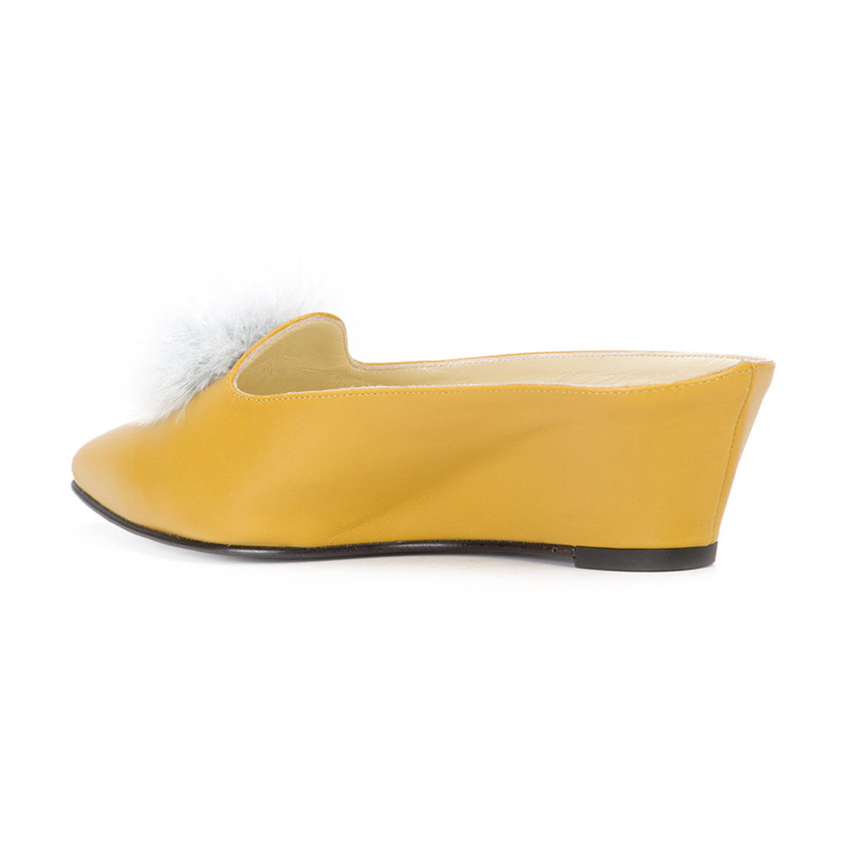 Yellow Pointed Toe Pom Poms Embellished Wedge Mules for Women
