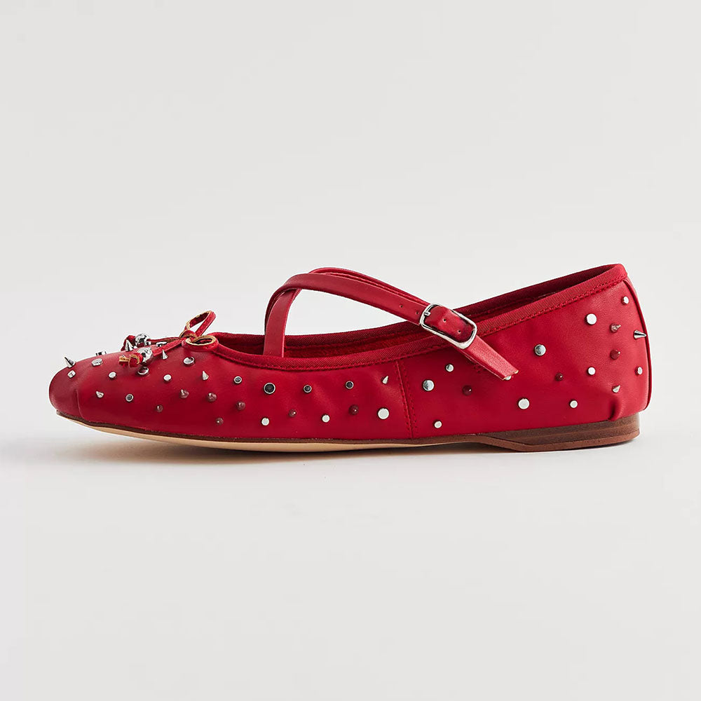 Red Round Toe Studded Mary Jane Ballet Flats with Bow Decor