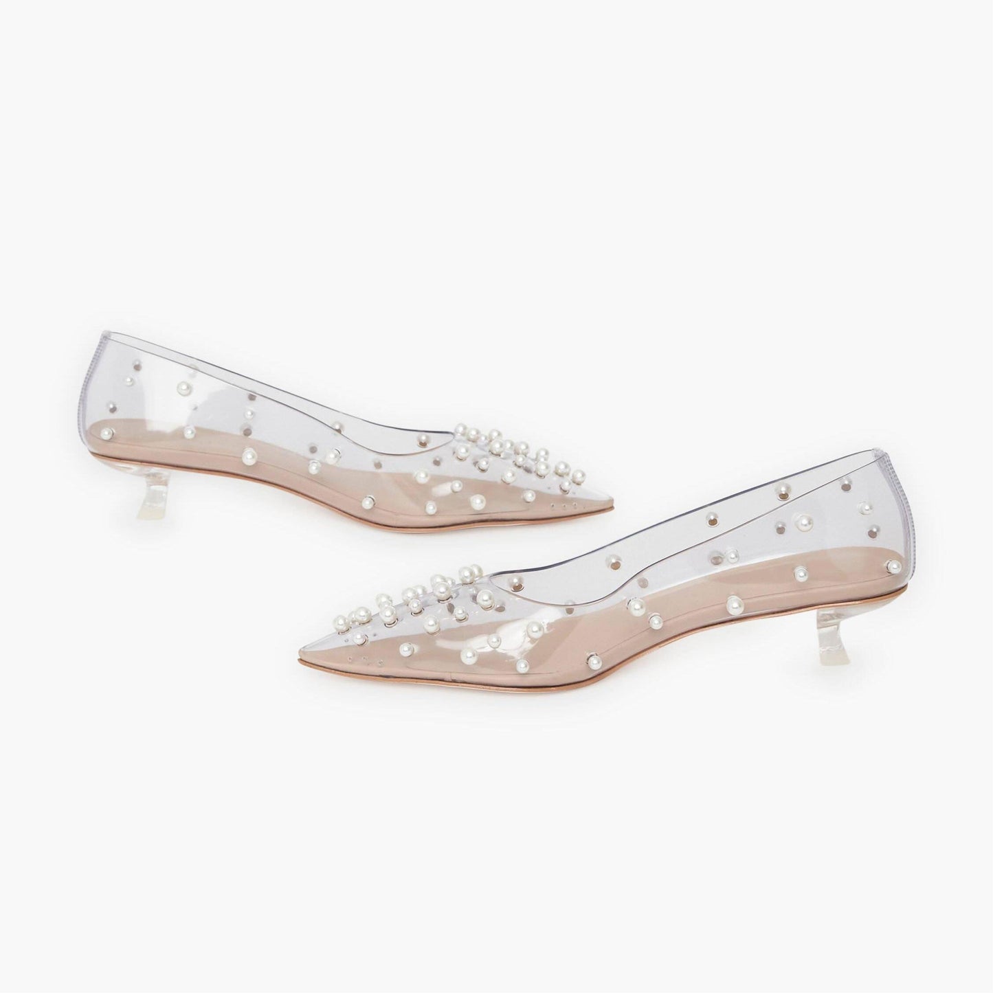 Women's Pearls Embellishment Clear Shoes Pointed Toe Kitten Heel Pumps