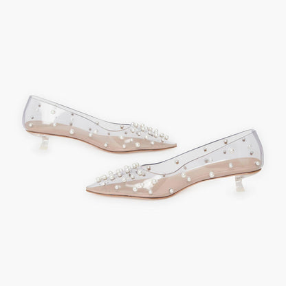 Women's Pearls Embellishment Clear Shoes Pointed Toe Kitten Heel Pumps