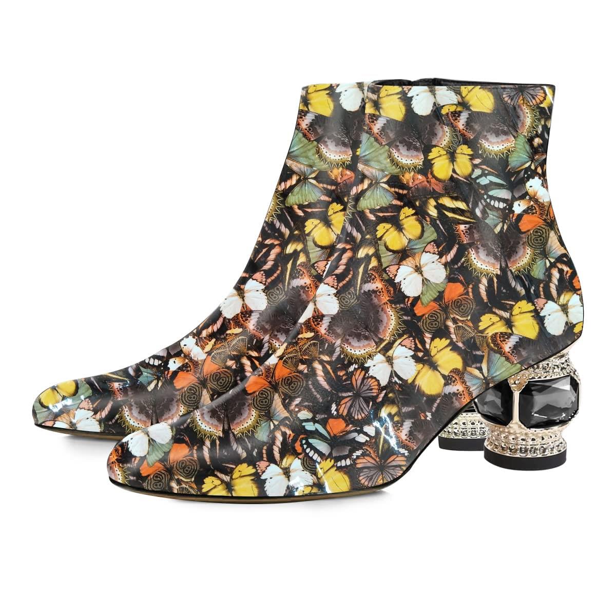 Women's Butterfly Print Closed Toe Decorative Heel Ankle Boots