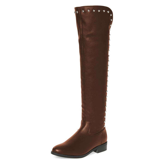 Women's Brown Round Toe Studded Flat Knee High Boots by FSJ