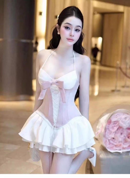 Fashion Pink Bow Bodycon Halter Dress Design A-line Ruffled Hem Party Dress Homecoming Dress TP3829