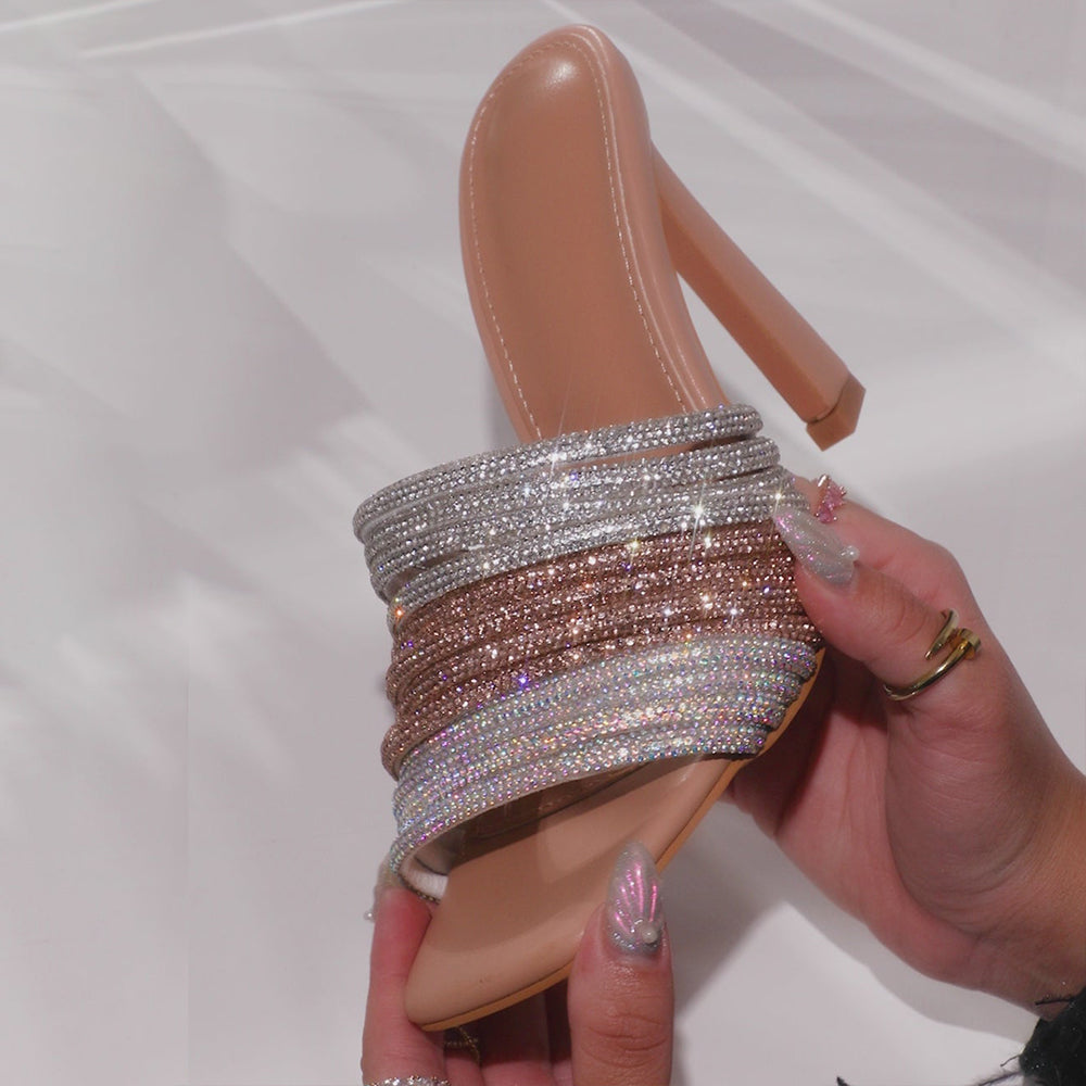 Beige Square Toe 3'' Stiletto Heel Rhinestone Strappy Mules