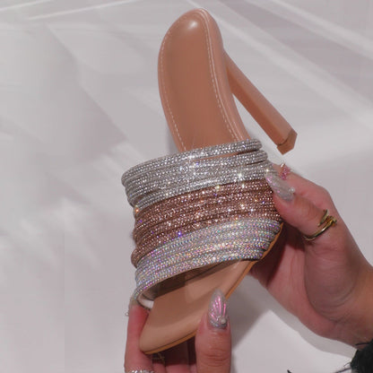 Beige Square Toe 3'' Stiletto Heel Rhinestone Strappy Mules