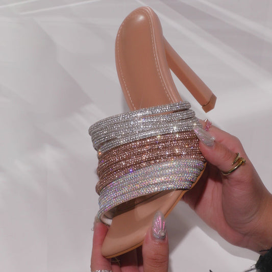 Beige Square Toe 3'' Stiletto Heel Rhinestone Strappy Mules